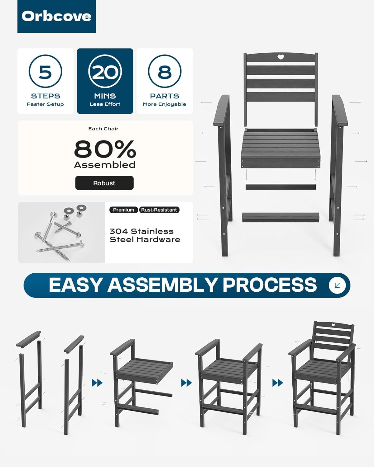 5-Piece Bar Height Outdoor Table and Chairs Set, HDPE Wood Grain Patio Bar Table and Chairs with Heart Cutout Design, Weather-Resistant Bar Height Furniture for Deck, Porch, Pool (Grey)