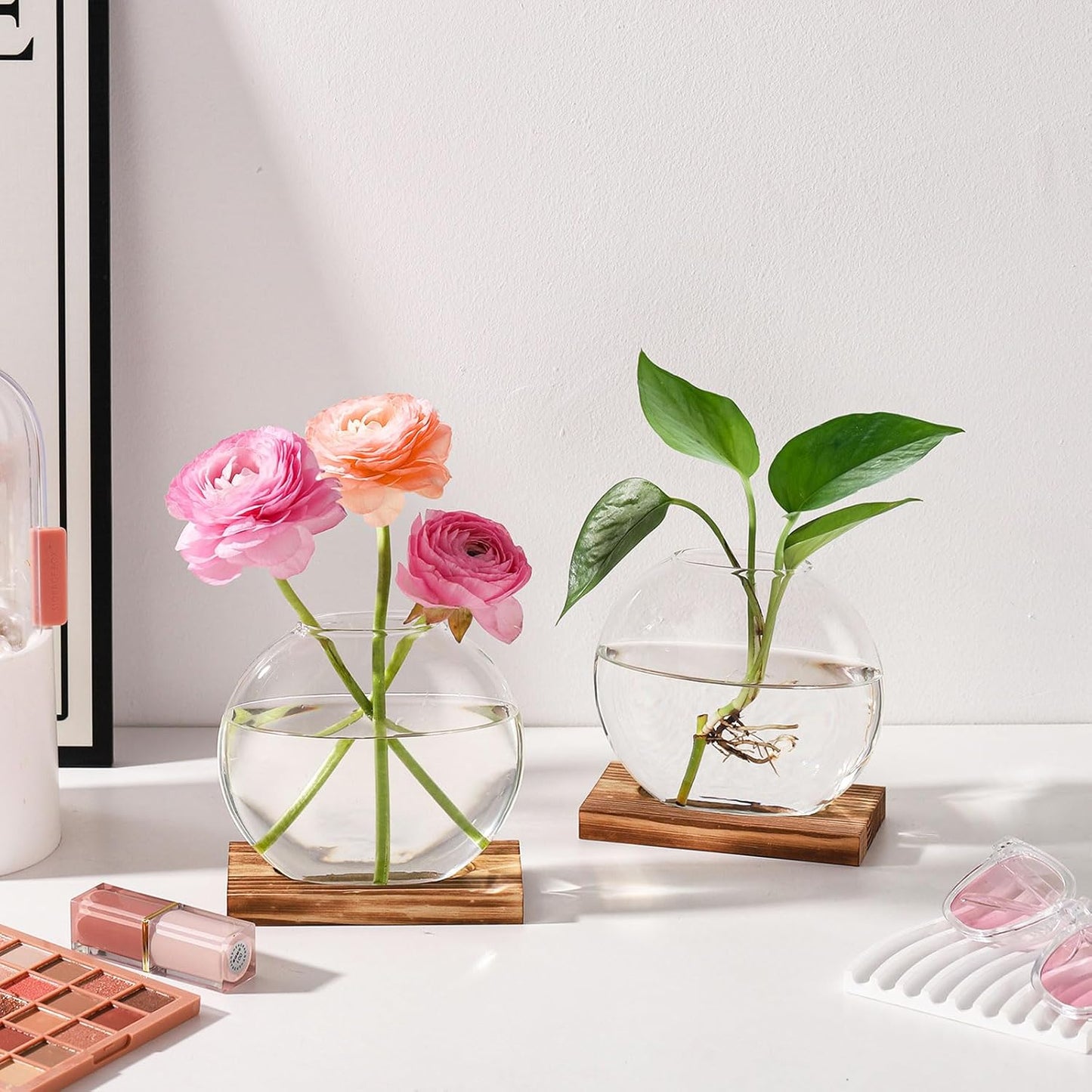 4 Pack Plant Propagation Station with Wooden Base Glass Terrariums for Indoor Plants Decorative Round Vases for Flowers Hydroponic Planter for Home Office Decor