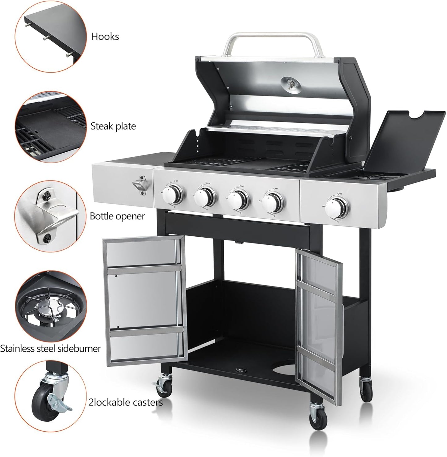 4-Burner Propane Gas BBQ Grill with Side Burner, 46,790 BTU Output, Enameled Cast Iron Grates, Heavy-Duty Stainless Steel Outdoor Grill for Backyard Barbecue