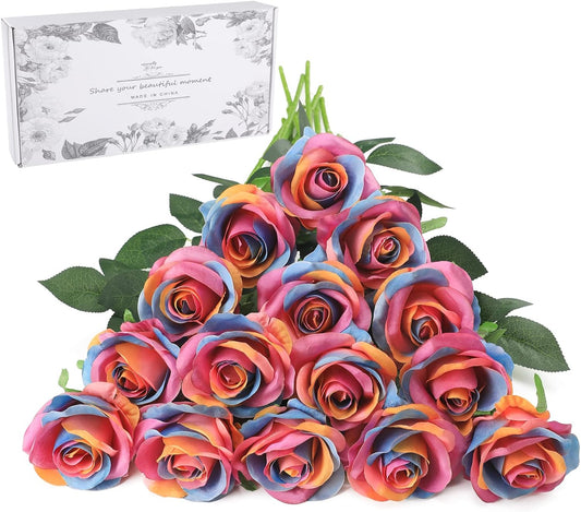 Rainbow Fake Roses Artificial Flowers - 16 Pcs Fake Artificial Roses Silk Flowers with Stems for Home Wedding Hotel Office Centerpiece Decor（Rainbow）