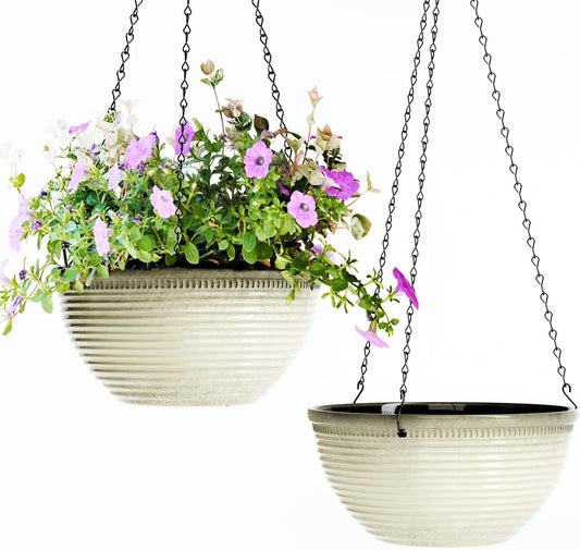 2 Pack Hanging Planters for Indoor Outdoor Plants, 10 Inch Hanging Planter with Drainage Hole & Plug Glazed Hanging Baskets Flower Pots for Garden Home (Off-White)