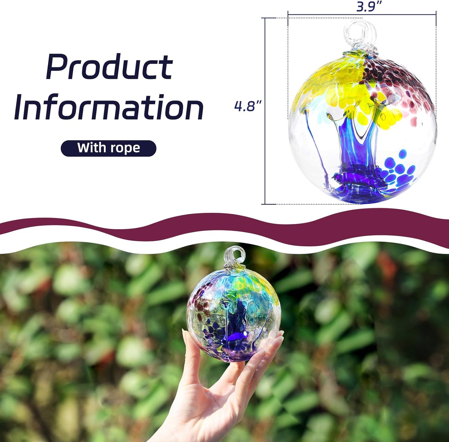 VOREEN 4" Hanging Glass Garden Gazing Ball Hand Blown Glass Witch Ball Christmas Ornament Friendship Balls for Outdoor Garden Patio Window Home Décor, Gift for Mom Wife Friend, Blue