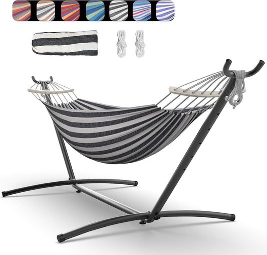 Hammock with Heavy-Duty Steel Stand,Portable,Easy Assembly,600lbs Weight Capacity,Suit for Indoor,Yard,Camping,or Outdoor,Black White