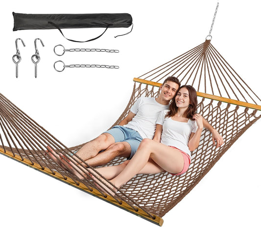 Double Hammock for 2 Person, Handwoven Cotton Rope Hammock with Spreader Bar - Indoor & Outdoor Use for Patio, Poolside, Backyard (Brown)