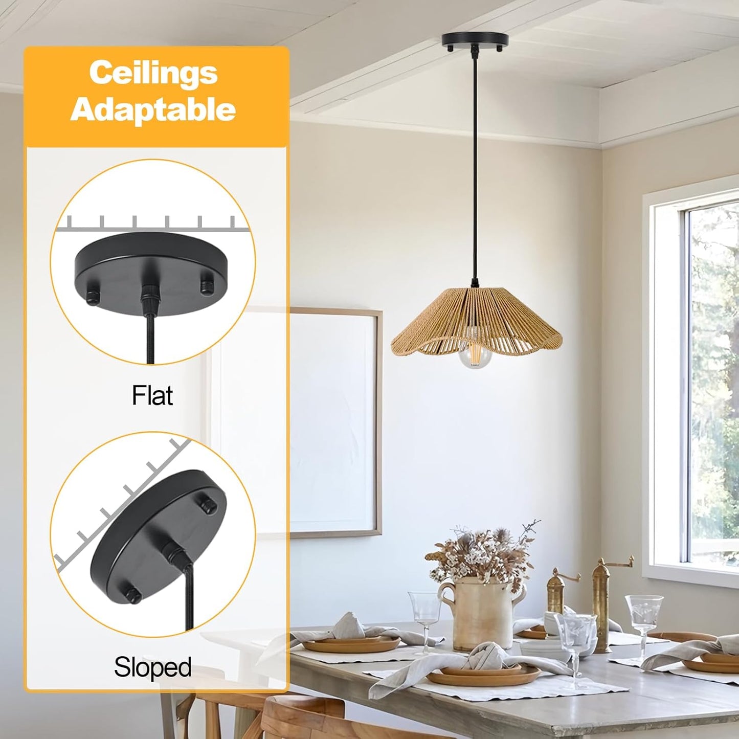 TERLEENART Hard Wired Rattan Pendant Lights Set of 2,Kitchen Island Pendant Lights with 12” Flower Shade,Boho Handwoven Paper Rope Rattan Ceiling Light for Living Room Dining Room Restaurant Foryer