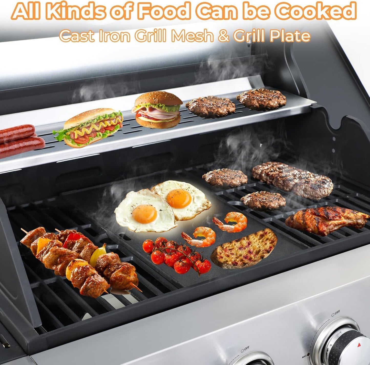 4 Burner Gas Grill with Side Burner, Dual-sided Frying Pan, Built-in Thermometer, Wheels, Side Table, Stainless Steel Burner, 47,000 BTU Outdoor Grill for Patio, Garden, Balcony