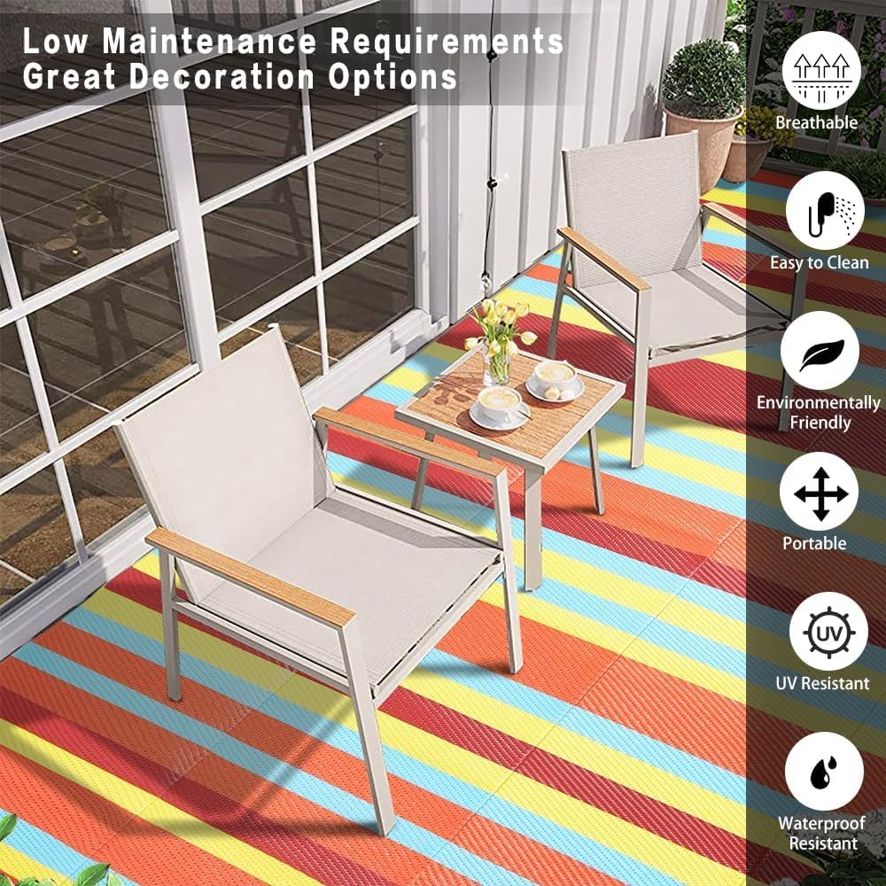 Outdoor Waterproof Rug 6'x9' Plastic Straw Rugs Washable Reversible Floor Mat Rainbow Stripe Carpet for Camping RV Deck Entryance Porch Picnic Balcony Beach Backyard