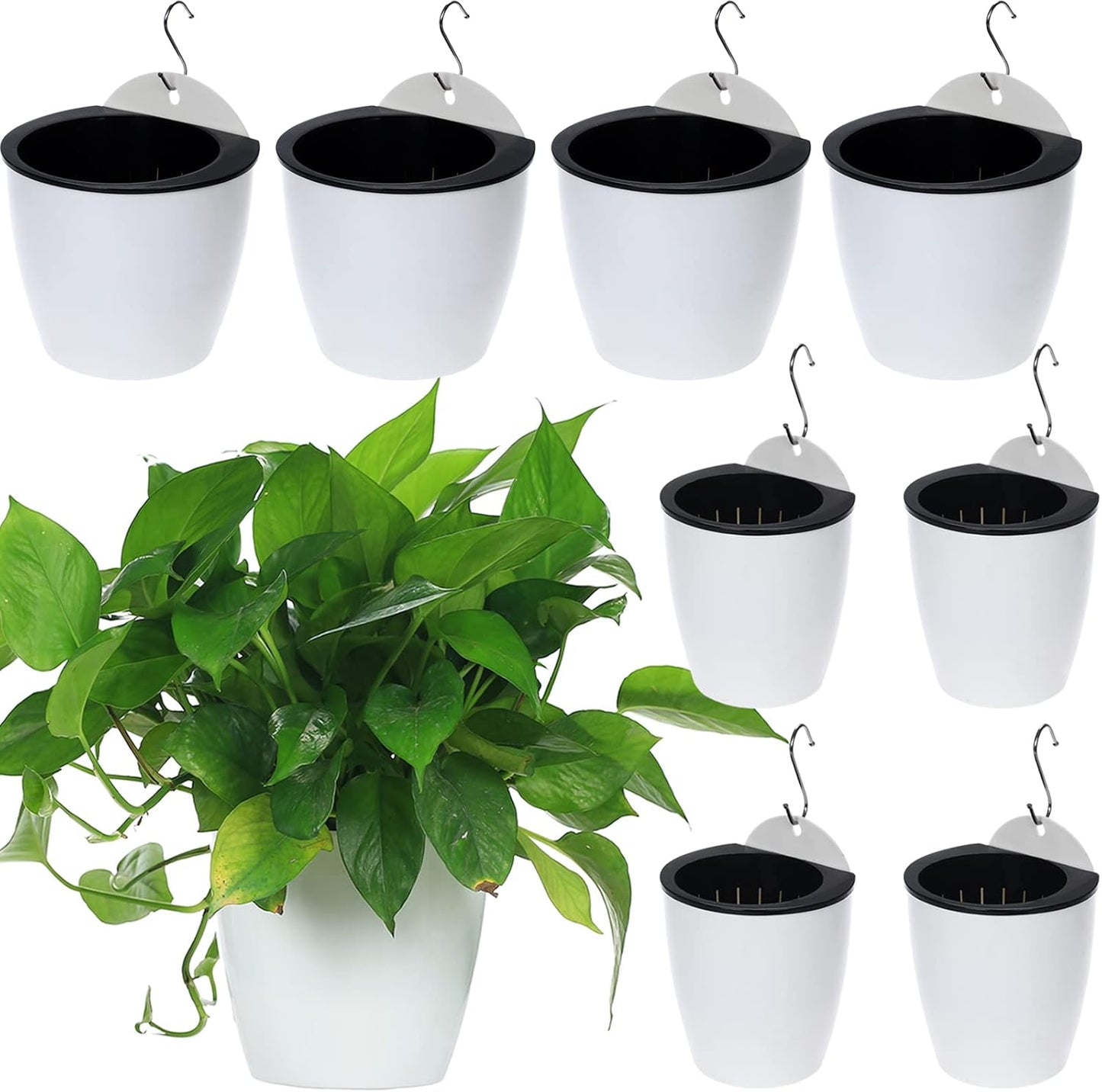8 Packs 5" and 7.3" Plastic Self Watering Pots Wall Hanging Planters Wall Mounted Wicking Flower Pots for Indoor and Outdoor African Violet, Ocean Spider Plant, Orchid, White