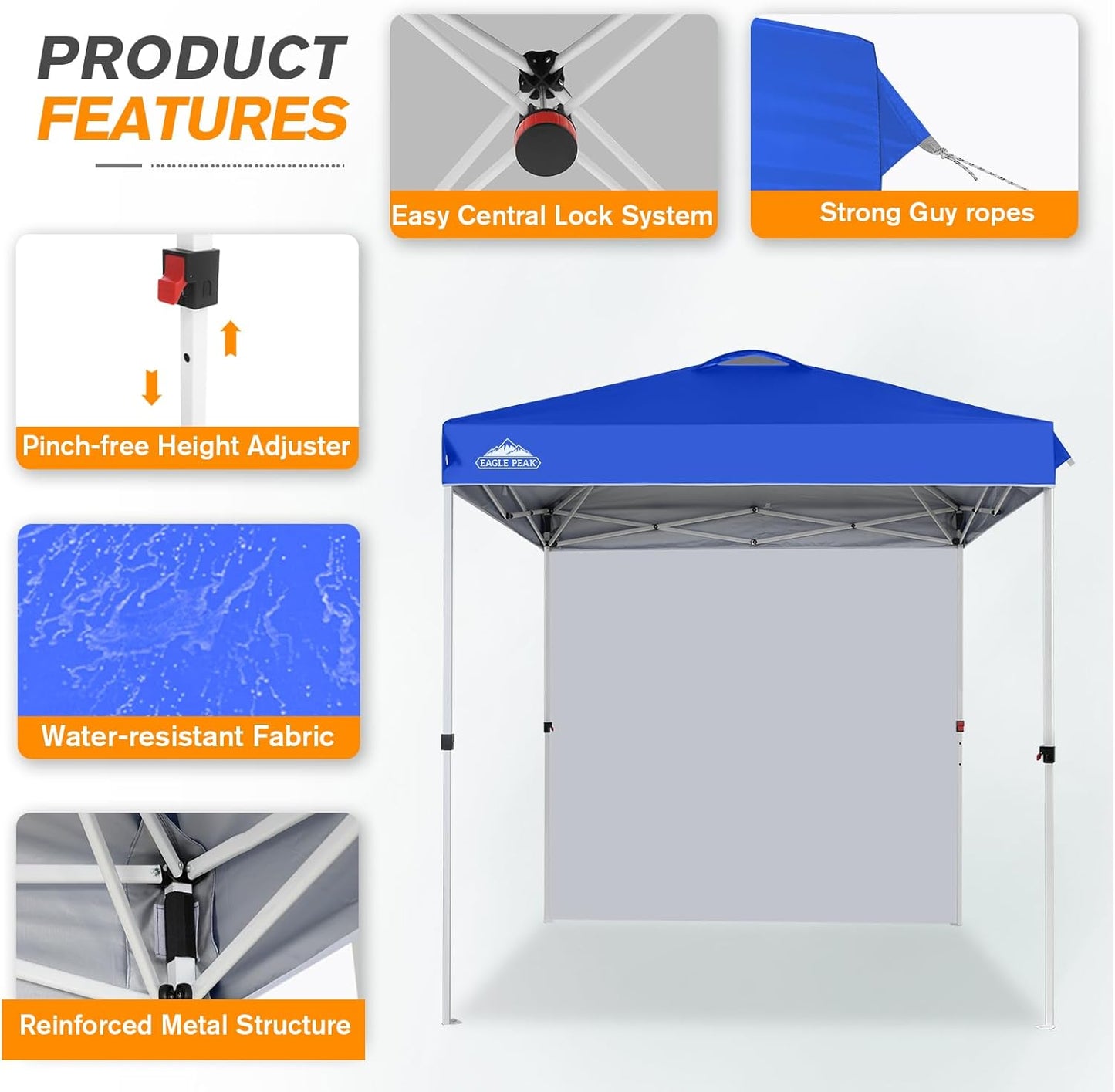 EAGLE PEAK Pop Up Canopy Tent with 1 Sidewall, Easy Setup Event Tent, Outdoor Sun Shade, Wheeled Carry Bag, Stakes and Guy Ropes, Instant Canopy 6.6x6.6, Blue
