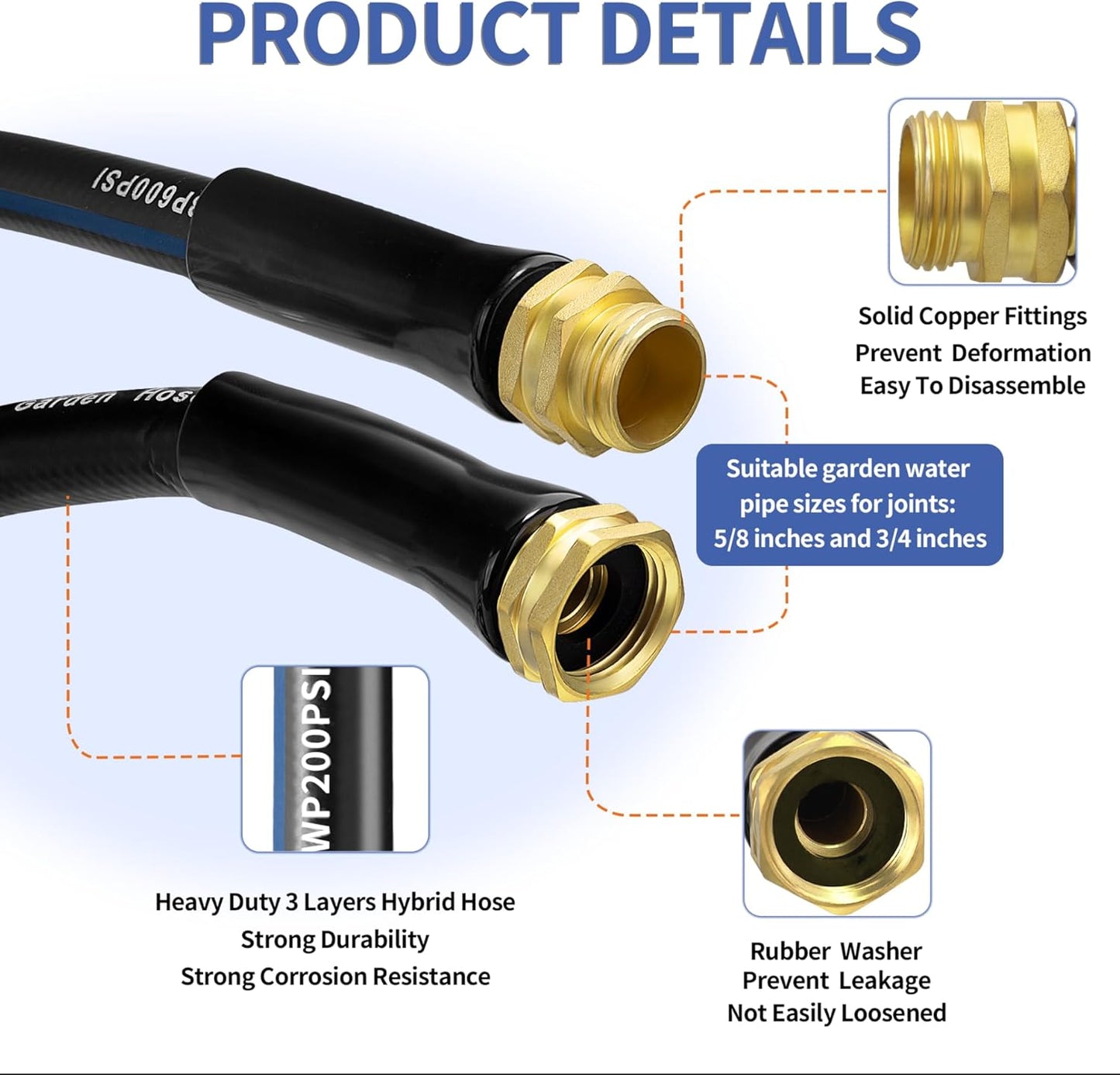 50 FT Garden Hose, Flexible No Kink Heavy Duty Garden Water Hose Flex Copper Bullet Collapsible Washer Rubber Hose 5/8" Soft Lightweight Outdoor Waterhose Manguera Para Jardin