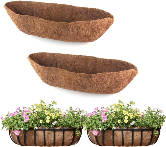 2 Pack Trough Coco Liner Fiber Replacement for Planters, 24/30/36/48 inch Half Moon Coconut Coir Planter for Window Box/Hanging Garden Vegetables Pot, Fence Flower Baskets