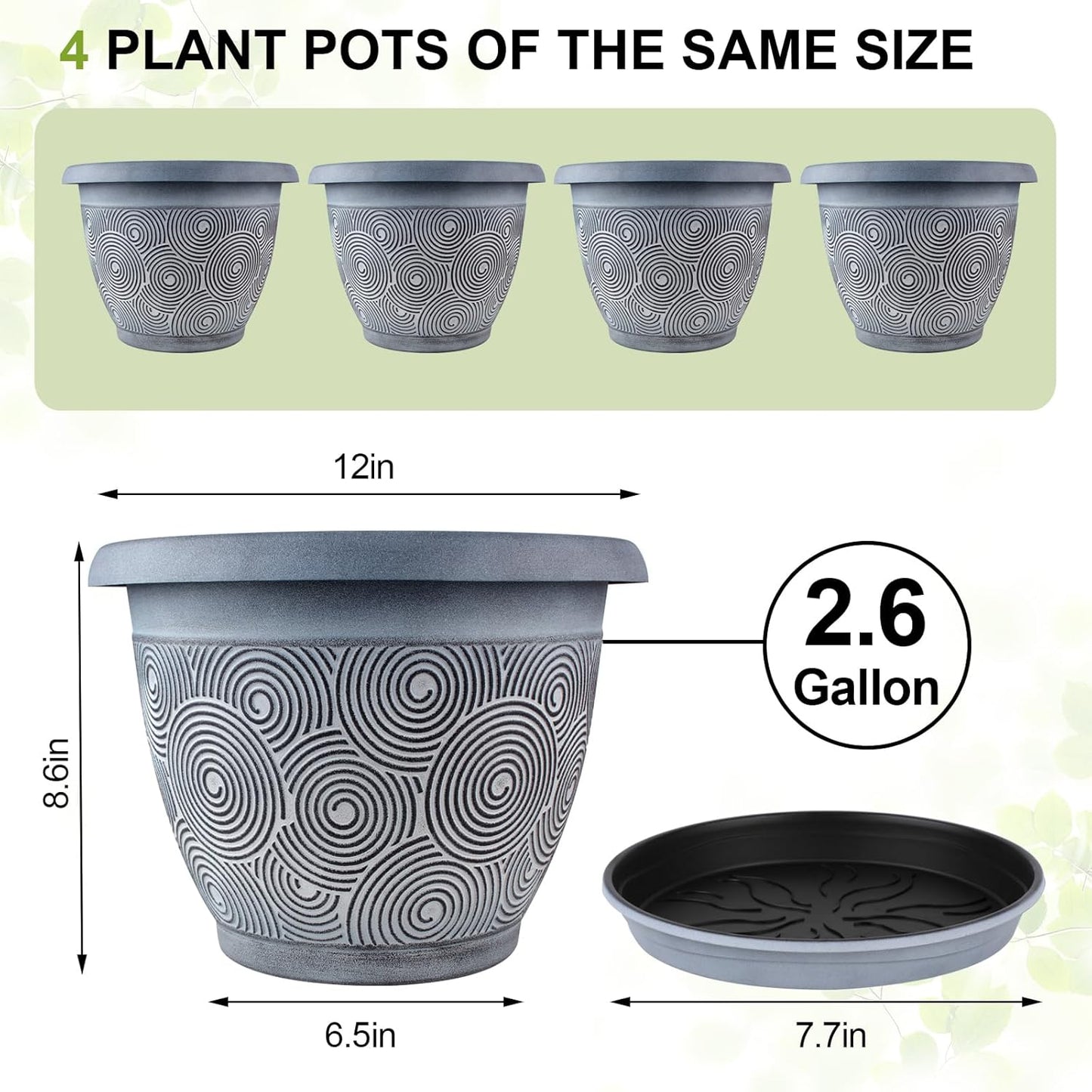 12 Inch Large Planter Pot for Plants Indoor Outdoor, 4 Pack Plastic Flower Pots with Drainage Hole & Tray, Modern Decorative Garden Pot with Saucer, Plant Container for House