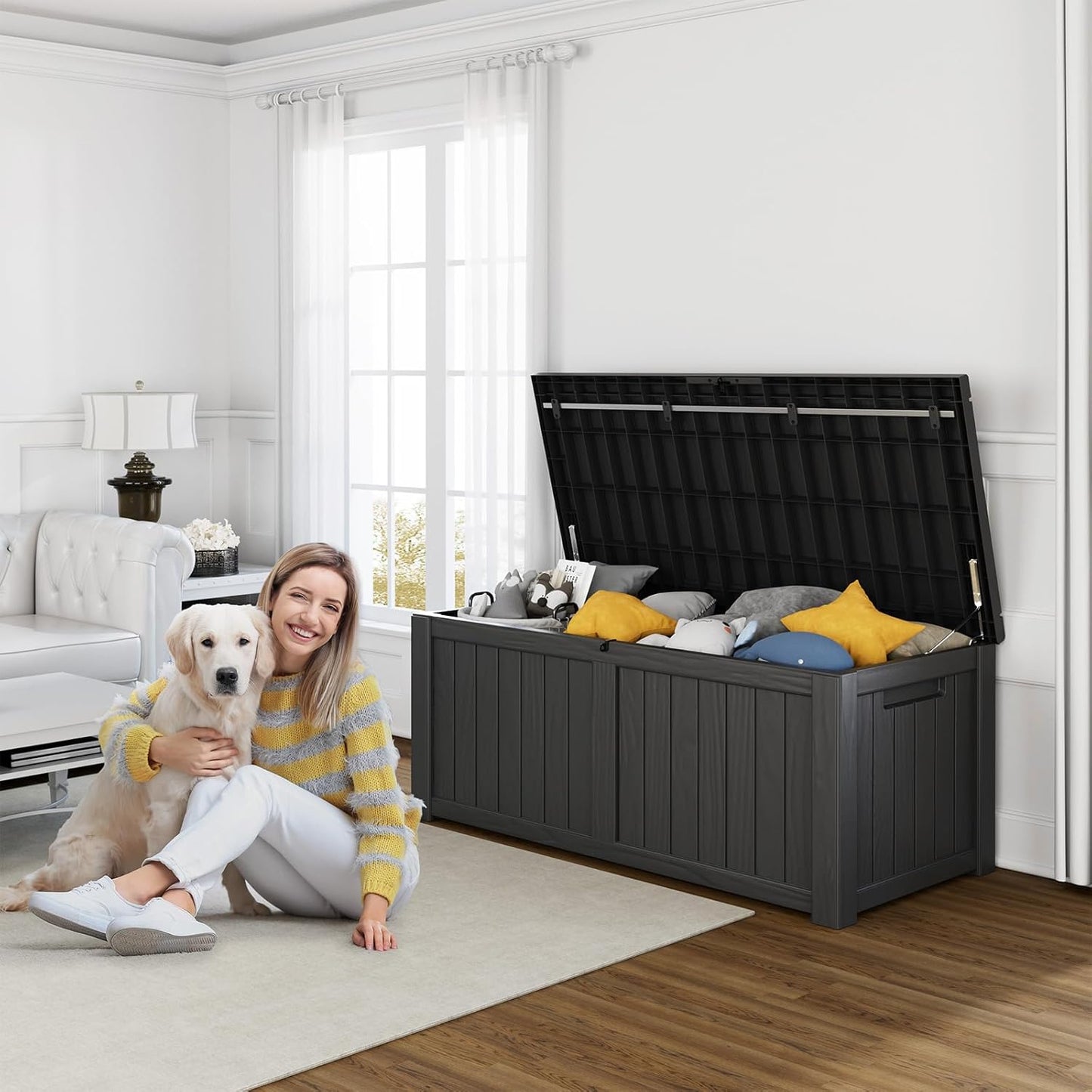 120 Gallon Resin Deck Box, Lockable Patio Outdoor Storage Box for Furniture, Garden Tools and Tools Storage, Waterproof Outside Storage Boxes - Black