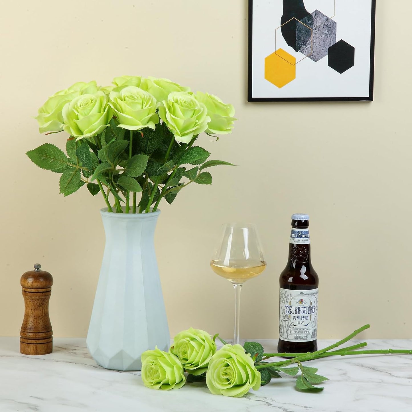 12pcs Roses Artificial Flowers Fake Roses Green Silk Roses White Silk Flowers Rose with Long Stems for Wedding Home Party Centerpieces Decorations