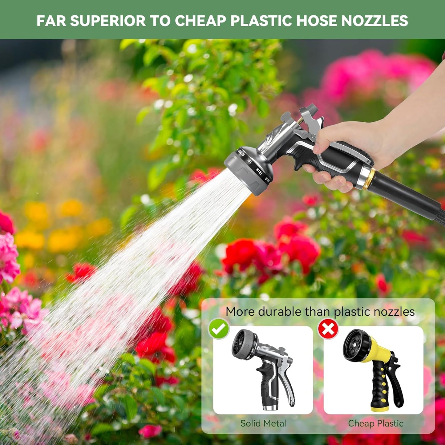 Garden Hose Nozzle, Heavy Duty Metal Water Hose Nozzle with 8 Adjustable Spray Patterns, High Pressure Hand Sprayer with Flow Control for for Garden Watering, Car & Pet Washing