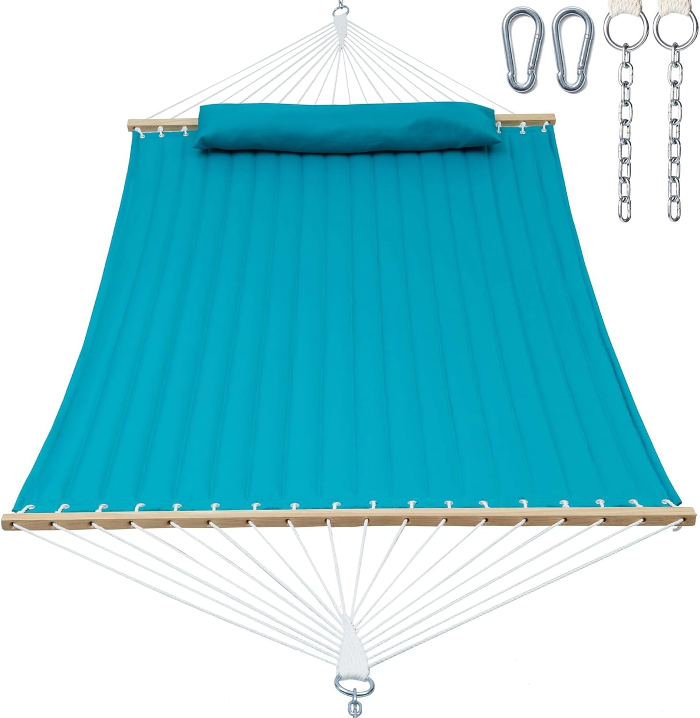 Double Quilted Fabric Hammock with Spreader Bar, Fits 12-14ft Hammock Stand, 2 Person 14ft Hammocks for Outside, Large Removable Pillow, Storage Bag, Carabiners, Max 475 lbs Capacity (Aqua)