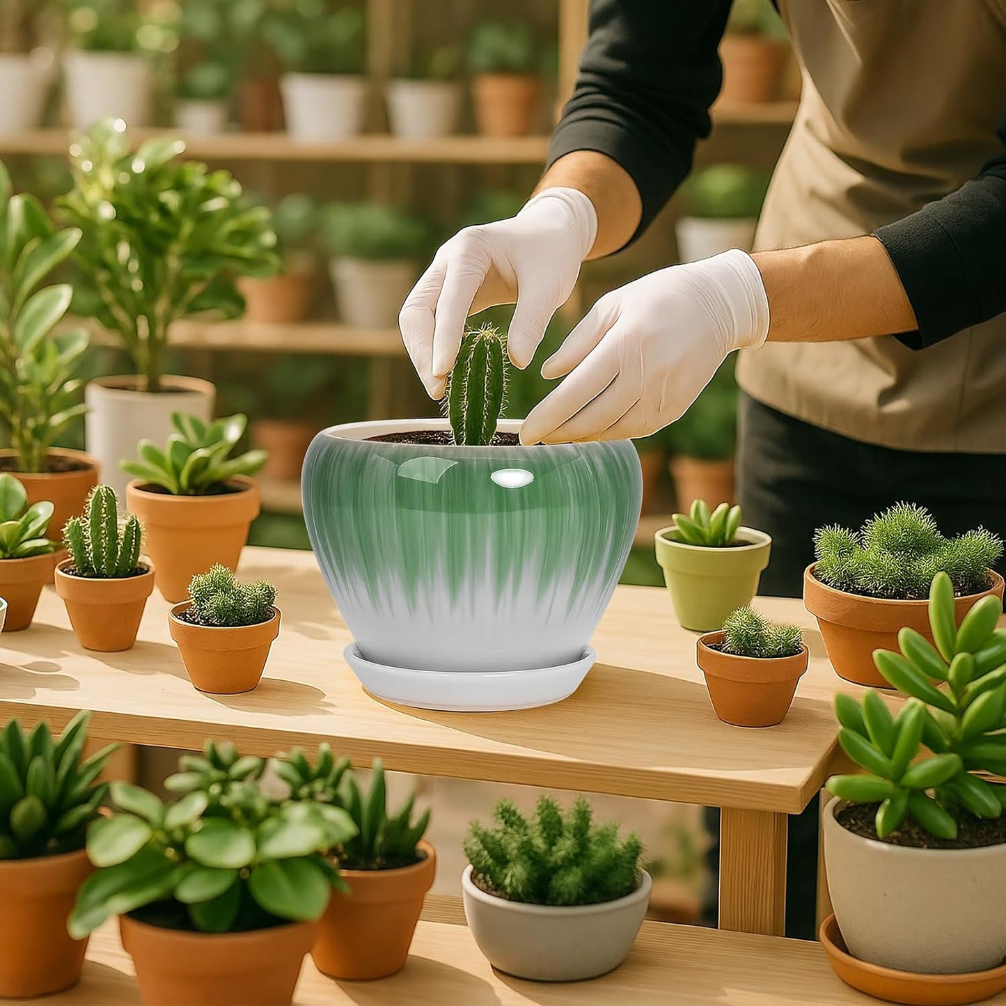 Deep Dream 6 Inch Plant Pots- Ceramic Planter Pot with Drainage Hole and Saucer, Round Flower Pot for Indoor Outdoor Succulent, Snake Plants and Cactus, White&Green