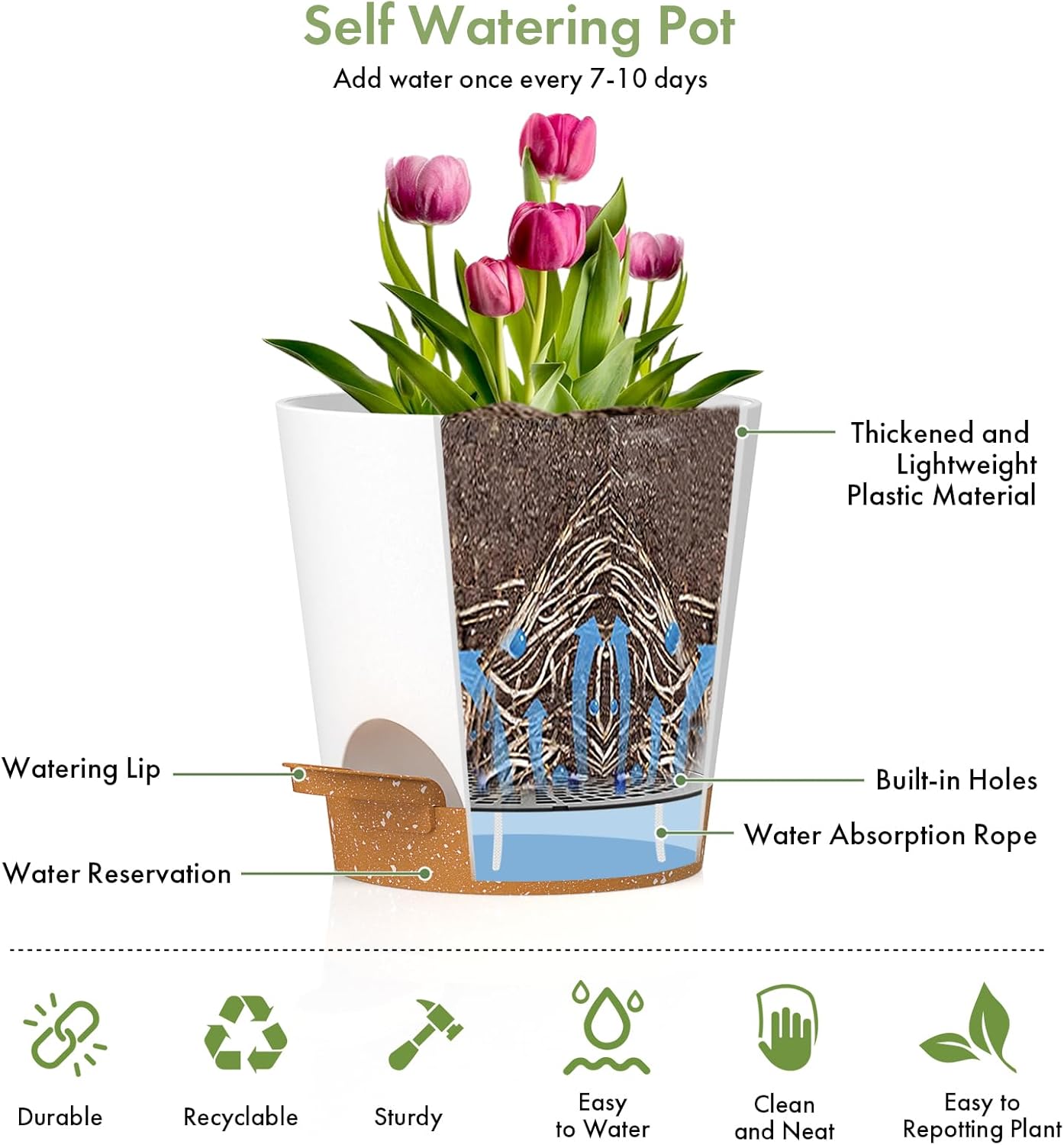 7/6.5/6/5.5/5/4 inch Self Watering Pots for Indoor Outdoor Plants, 6 Pack Plastic Flower Planters with Drainage Holes and Removable Saucers, Plant Pots with Wicking Rope, White Brown
