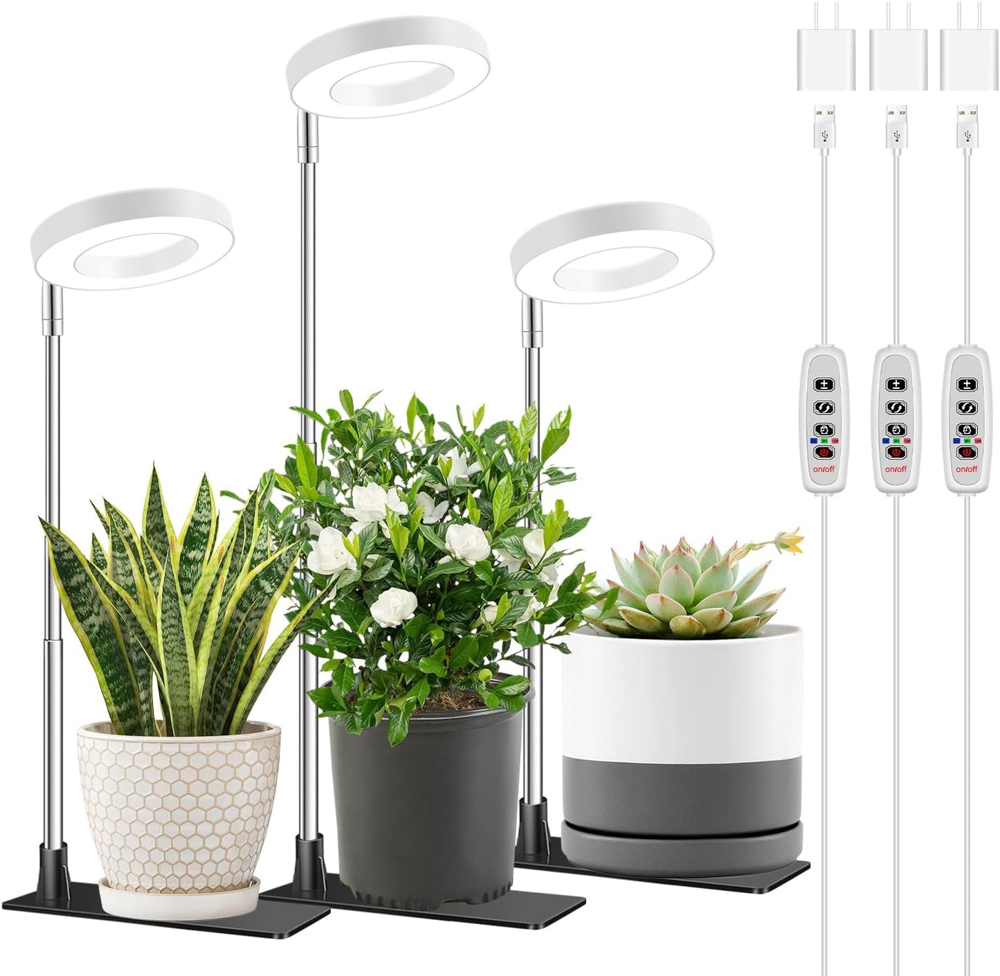 Grow Light, Full Spectrum Plant Lights for Indoor Growing with with 3/9/12H Timer, 3 Color Modes, 10 Brightness, 6.5"-26" Height Adjustable Halo Grow Light with Base, 3 Pack(3.4in)