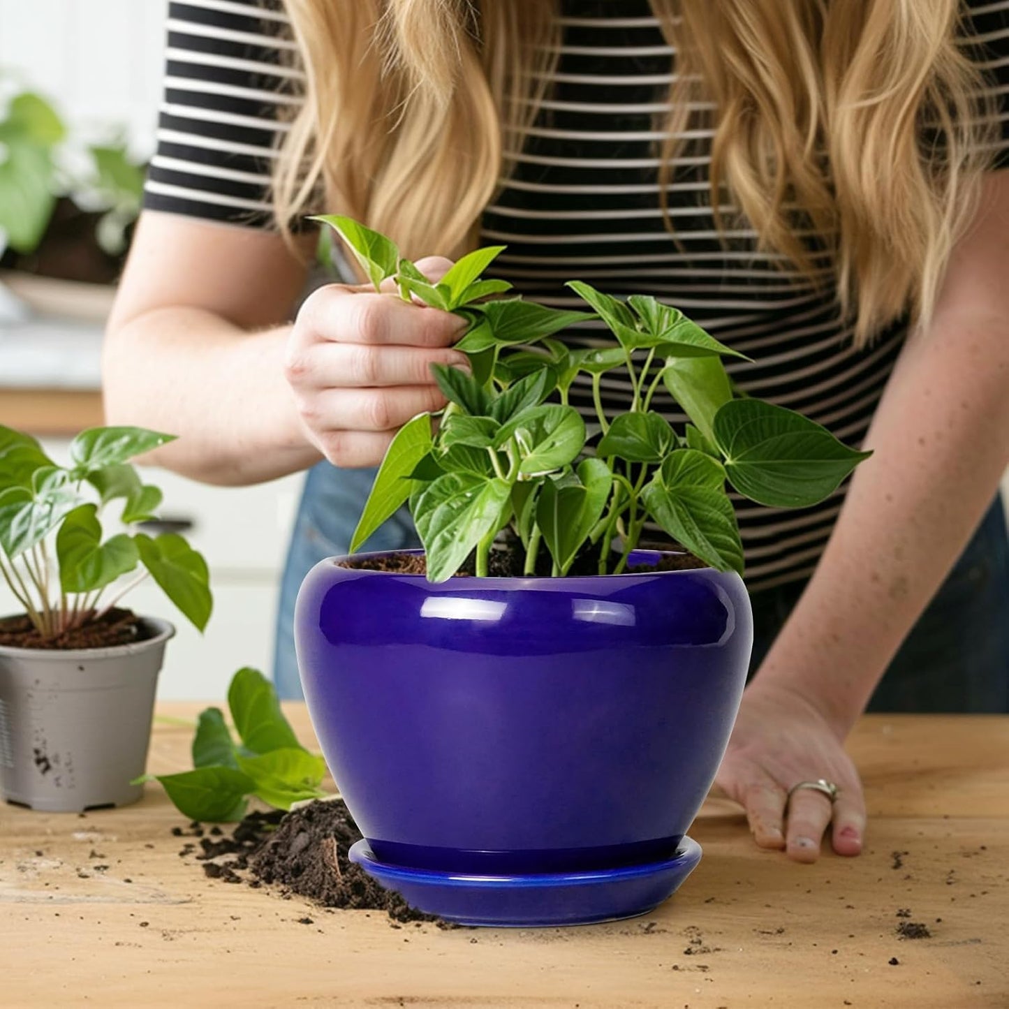 6 Inch Plant Pot - Ceramic Pots for Plants Succulent Pot with Drainage Hole and Saucer Round Planter Outdoor Flower Pot for Herb Snake Plants Blue