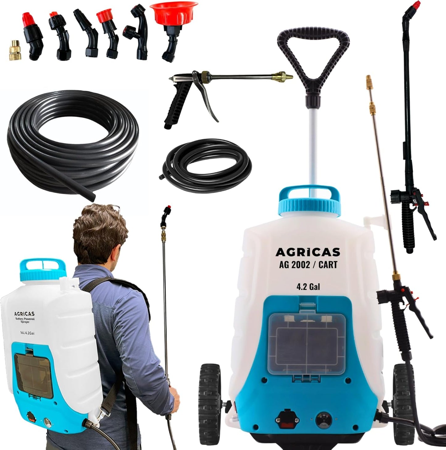 4.2 Gallon Battery Powered Sprayer with Cart - Professional Sprayer Gun - Wheeled Cart for Lawn & Garden with Adjustable Nozzles and Backpack, Weeding and Cleaning