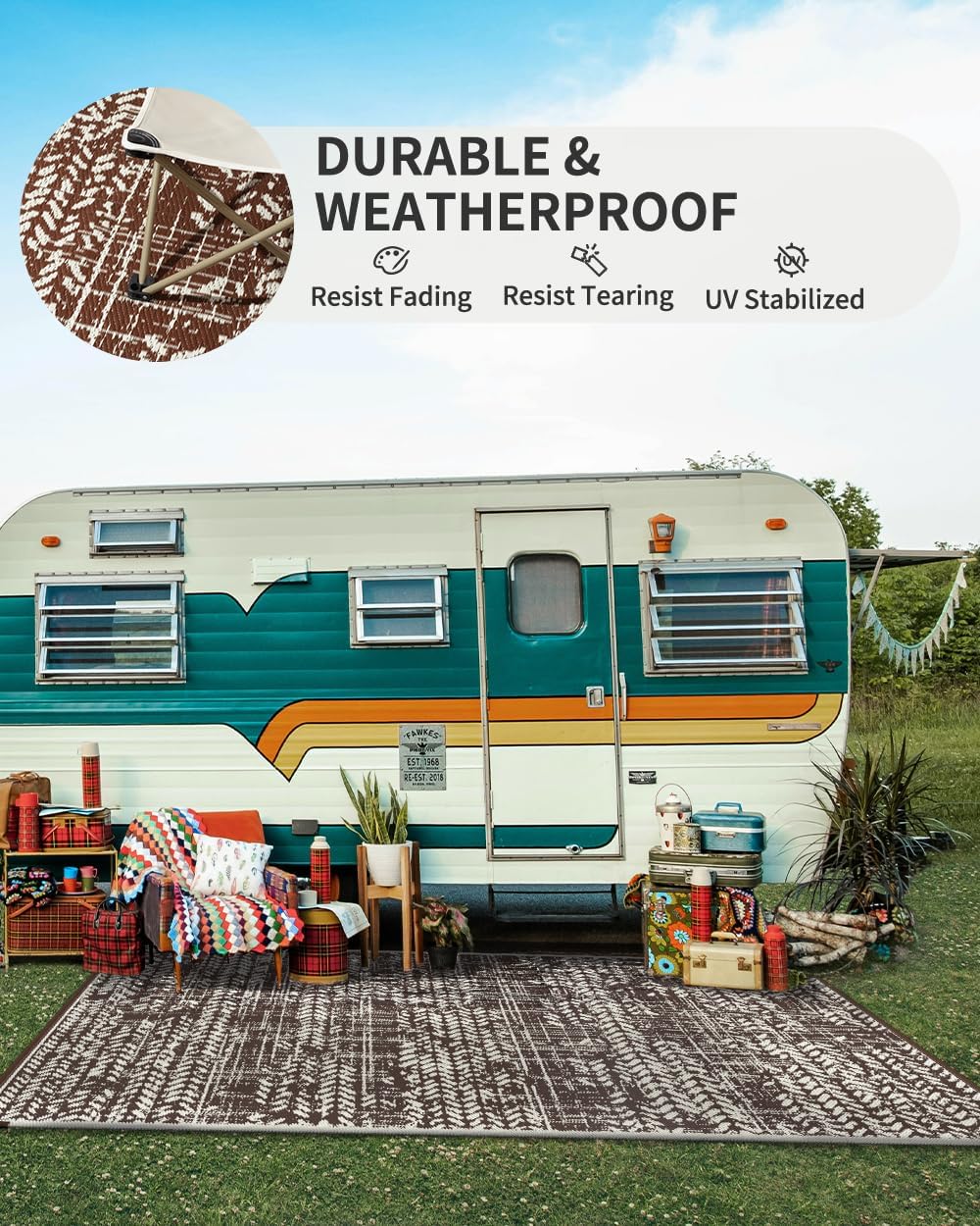 MontVoo Outdoor Rug 8x10 Waterproof-Patio Rug Mat Outdoor Carpet Reversible RV Camping Picnic Plastic Straw Rug Outside Outdoor Area Rug for Balcony Deck Backyard Patio Decor Boho Modern Brown