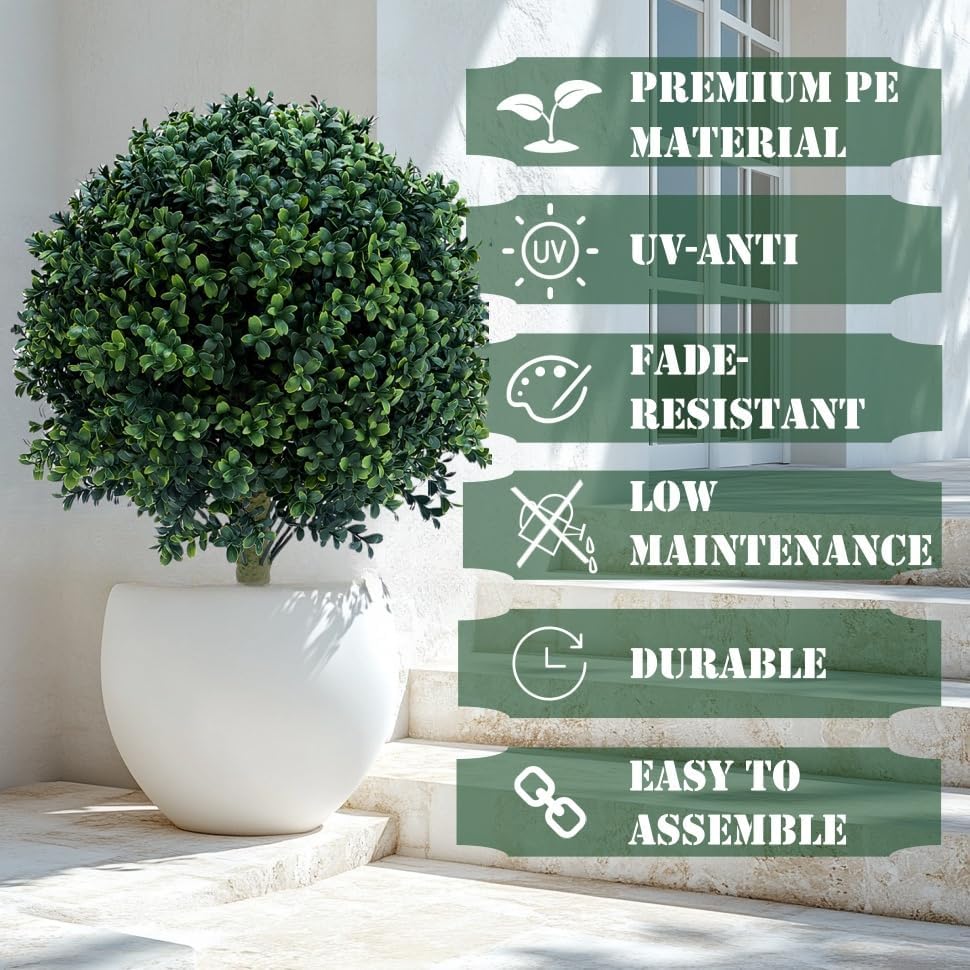 23.6 Inches Set of 2 Artificial Boxwood Topiary Ball Tree with Ground Spike, Faux Bushes UV Resistant Faux Greenery Shrubs, Fake Boxwood Plants for Indoor, Front Porch Decor, Garden, Yard