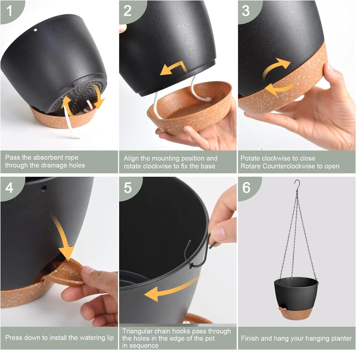 Hanging Planters for Indoor Outdoor Plants, 2 Pack Self Watering Hanging Pot with Drainage Holes & Removable Tray (Black, 6'')