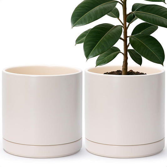 D'vine Dev Set of 2 Plants Pots, 10 Inch Ceramic Planter Pot for Plants with Drainage Hole and Saucer, Oatmeal, 94-V-E-8