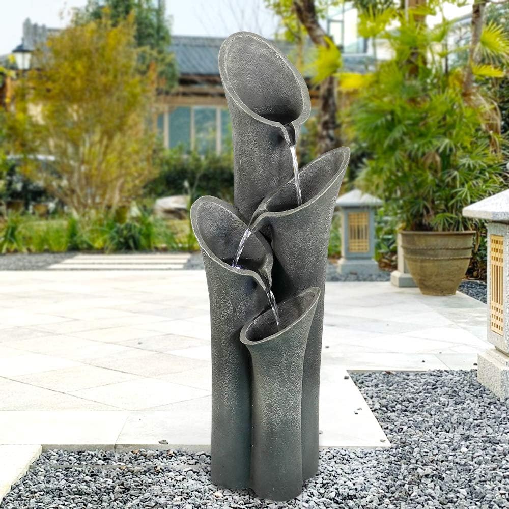 4-Tier Faux Stone LED Floor Fountain, 33.5 Inch Waterfall Outdoor Fountain LED Illuminated Water Feature for Patio Garden