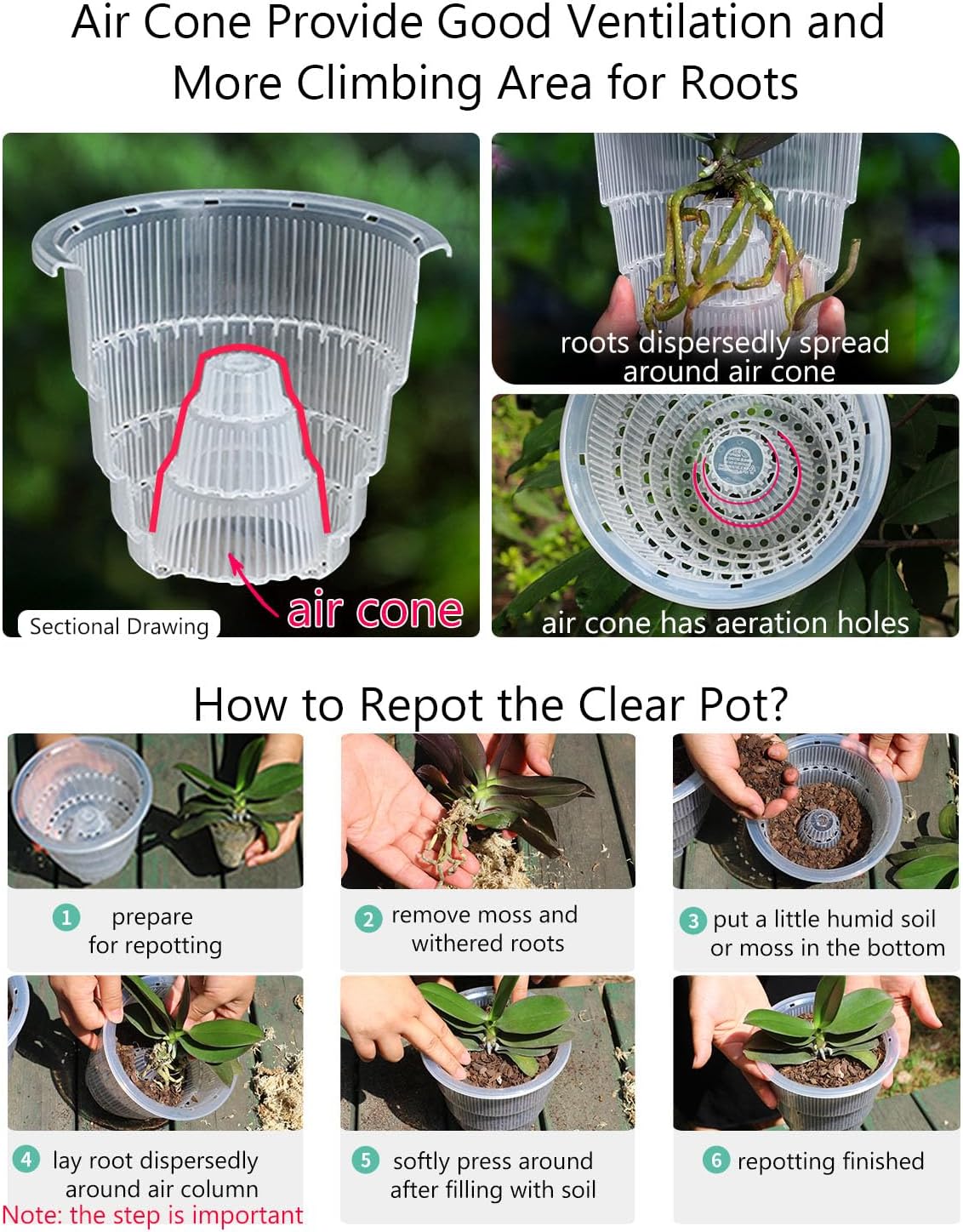 6 inch Orchid Pots with Holes for Repotting with Excellent Airflow, Set of 1, Double Layer Plastic Imitate Ceramic Orchid Planter, Clear Orchid Pot Match Decorative Orchid Container