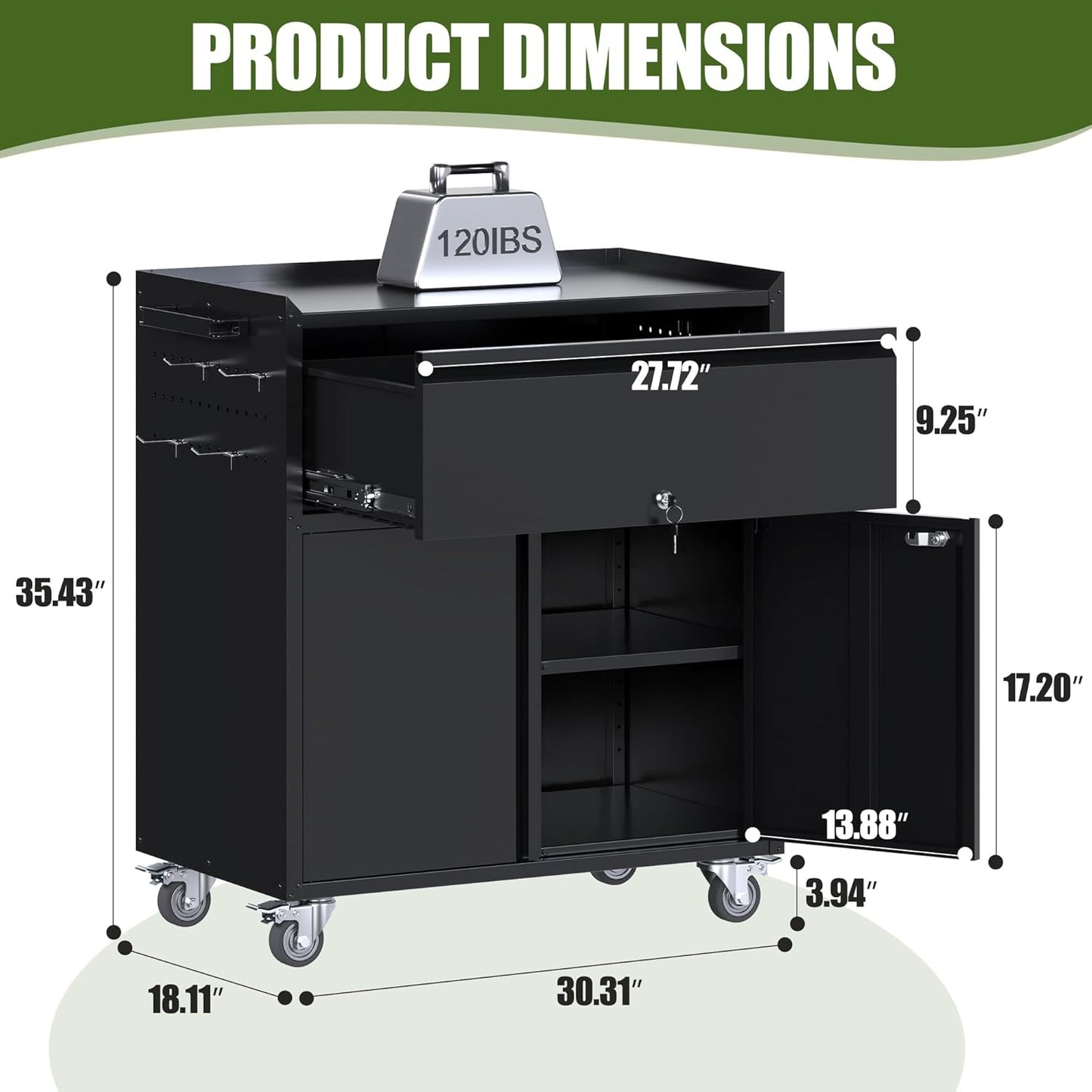 35.43'' H Metal Storage Cabinet on Wheels with 1 Drawer, Rolling Steel Garage Tools Cabinet with Side Pegboard &4 Hooks & 1 Adjustable Shelf for Garage,Shop,Home, Black, Assembly Required