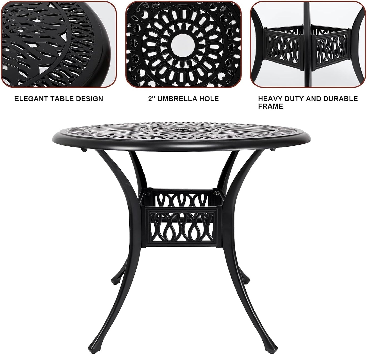 3 Piece Outdoor Bistro Set, All-Weather Patio Cast Aluminum Table and Chairs Set of 2 with 2.4" Umbrella Hole for Patio, Front Porch,Garden, Backyard, Balcony, Black