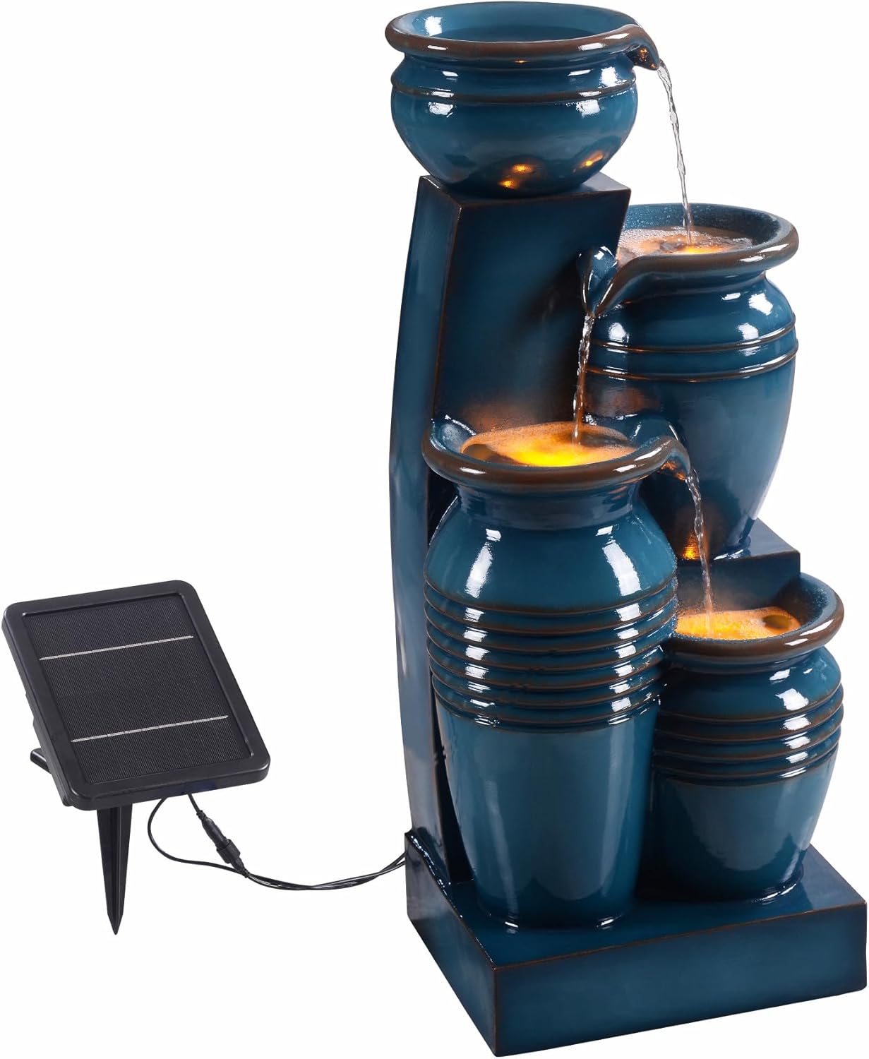 Teamson Home 28.74 in. 4-Tier Cascading Bowl Solar-Powered Water Fountain with LED Lights for Gardens, Landscaping, Patios, Balconies, Lawns, Blue