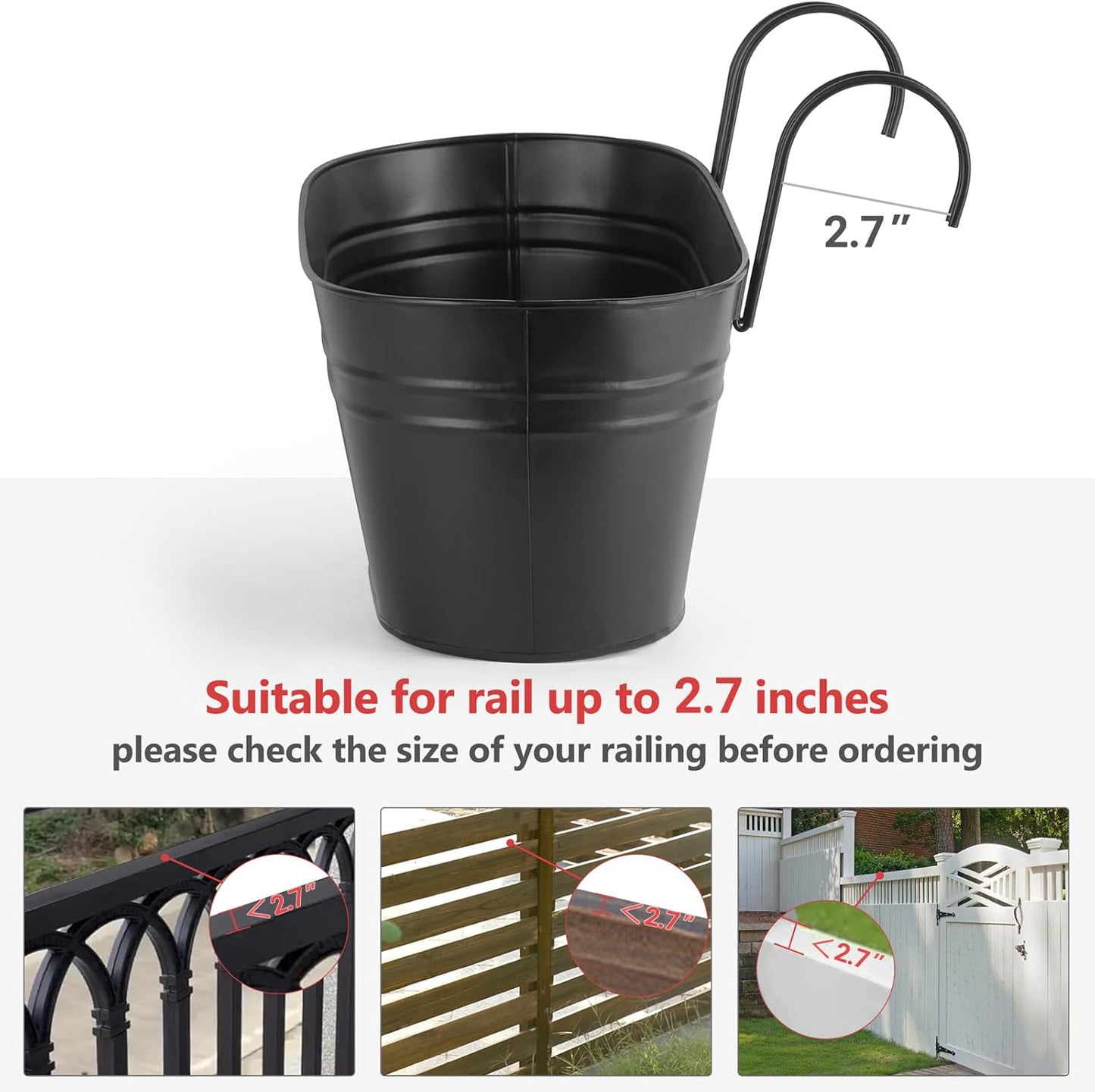 Dahey 4 Pcs Metal Hanging Flower Pots for Railing Fence Outdoor Planter 15.7 Inch Hanging Bucket Pots Countryside Window Flower Plant Holder with Detachable Hooks for Garden Yard Home Decor,Black