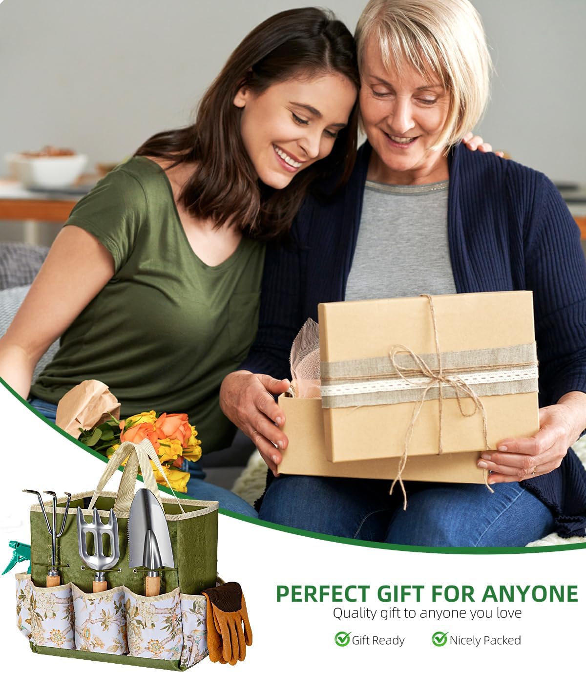 9-Piece Premium Gardening Tool Set for Women - Heavy Duty Stainless Steel Rust-Proof Tools with Fashion Storage Tote | Perfect Gardening Gifts for Mom, Mother's Day, Birthday & Outdoor (Green)