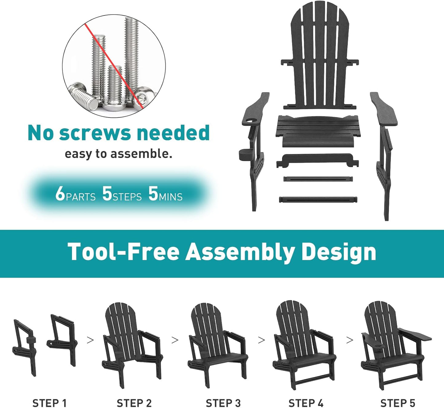 Adirondack Chairs Set of 4, Tool-Free Assembly All-Weather Plastic Adirondack Chairs, HDPE Fire Pit Chairs with Cup Holder, Outdoor Chair for Patio Garden (Black)