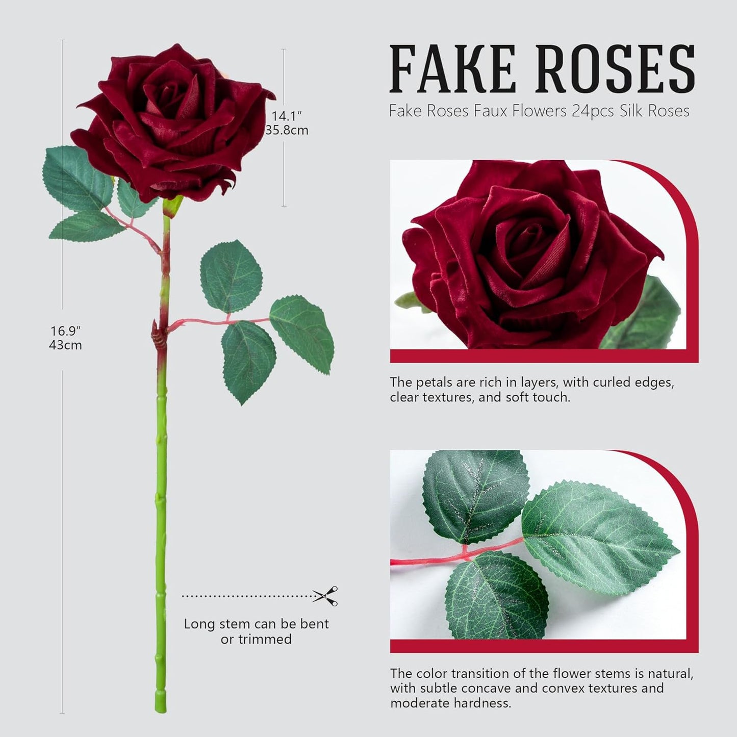 Fake Roses Faux Flowers Silk Roses Artificial Roses with Stems Realistic Artificial Flowers Suitable for Indoor Home Decoration DIY Bouquet Wedding Decor Party Decor 16.5In (24PCS, Red)