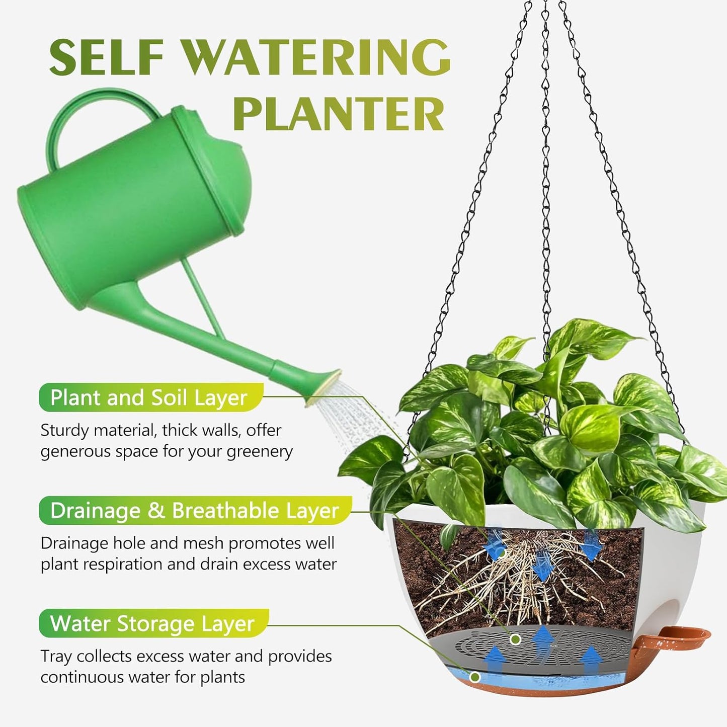 GARDIFE Hanging Planters for Indoor Outdoor Plants, 2 Pack Self Watering Hanging Pot with Drainage Holes & Removable Tray (White, 10 inch)