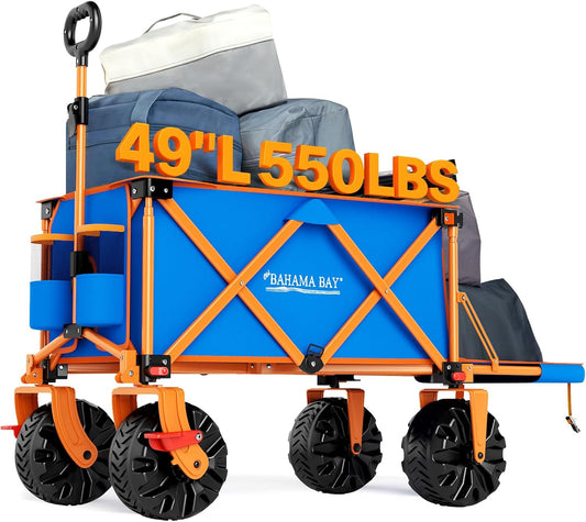 49" L Extra Long Beach Wagon with Tailgate,Big Wheels with Brake for Sand, Collapsible Utility Beach Cart Heavy Duty Folding Wagon,Ideal for Outdoor Sand Camping Garden Pet