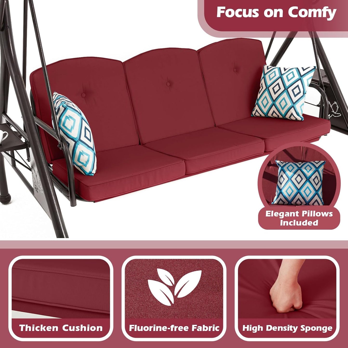 800LBS Patio Swing with Canopy 3 Seat Outdoor Porch Swing with Stand w/Cup Holder & Pillow Glider Chair Swing Bed for Patio Backyard Poolside (Red)