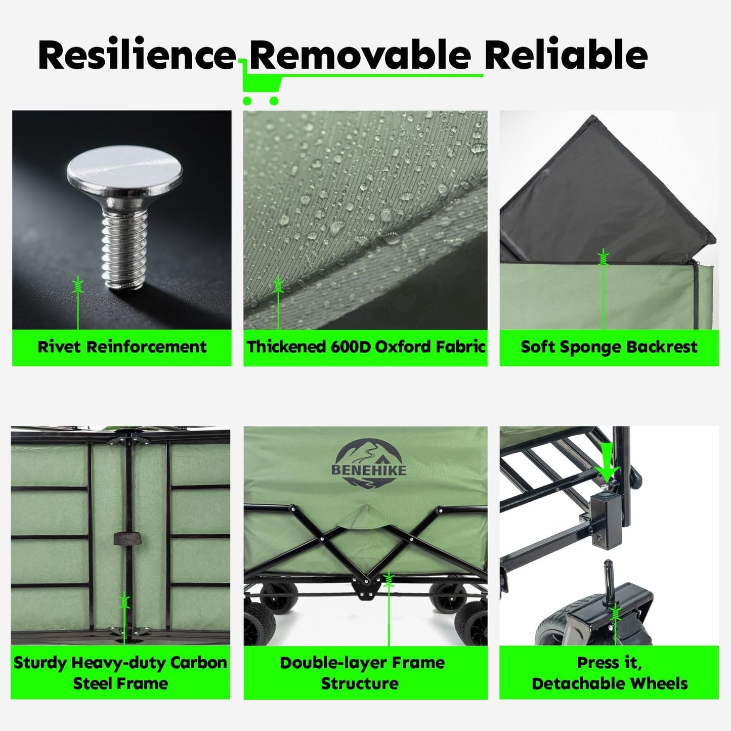 3-in-1 Large Collapsible Folding Wagon, BENEHIKE Foldable Beach Wagon with Rotated Wheels, 500lbs/225L Outdoor Utility Wagon Convert to Bench for Sand, Groceries, Camping, Sports, Shopping (Green)