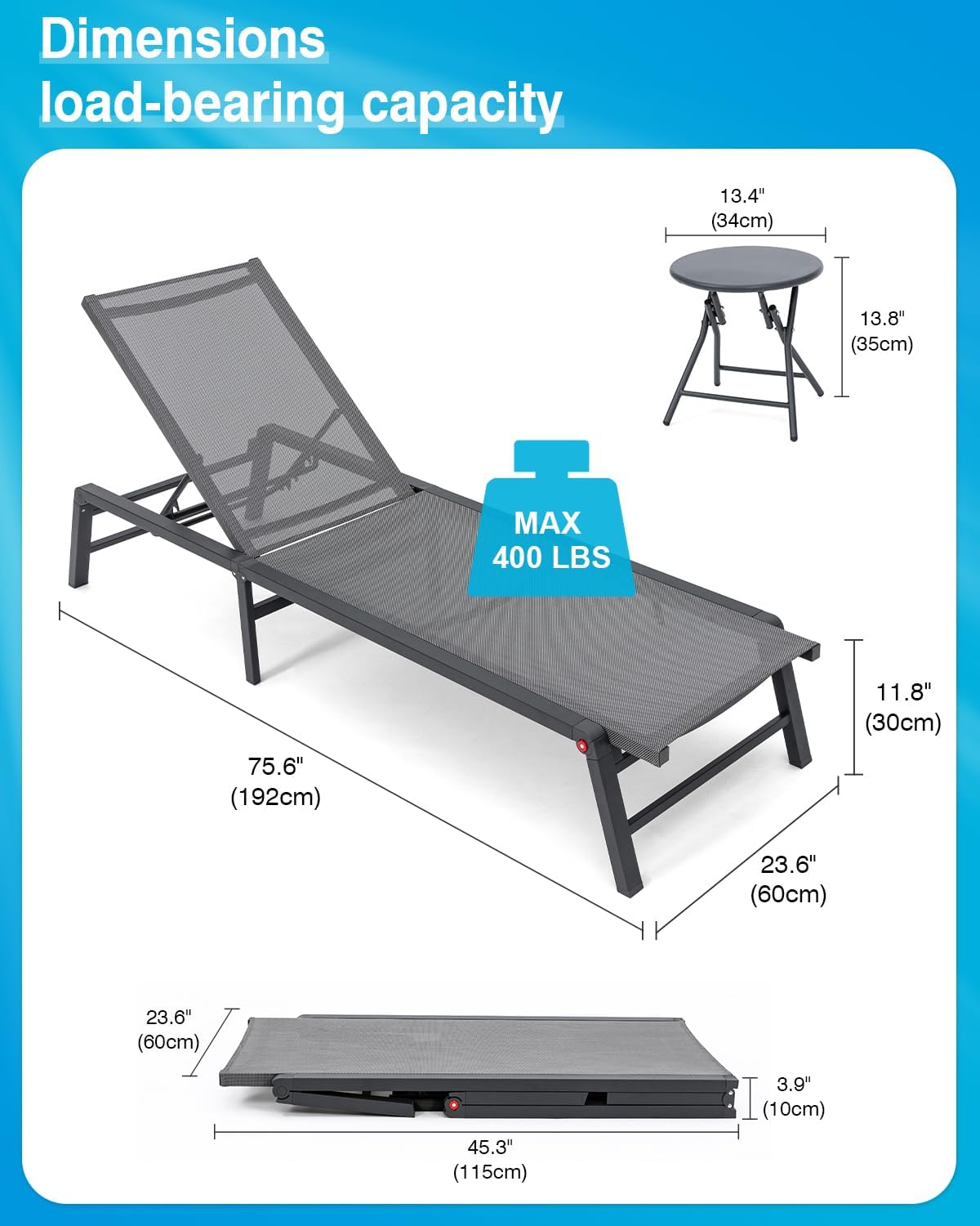 Aluminum Chaise Lounge Chair Outdoor, Foldable Patio Lounge Chair 2 Sets with Table Assemble-Free, Pool Lounge Chairs with 5 Adjustable Backrest, Outdoor Lounge Chairs for Outside Poolside Brown