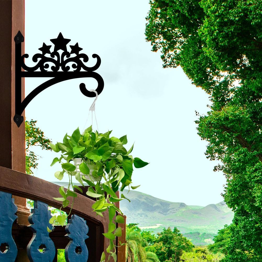 peacoblue Iron Plant Hanger Hook for Outdoor Indoor Hanging Plant Flower Fern Pot Lantern Bird Feeder,12"x14" Weather Resistant Metal Wall Holder for Porch Garden Farmhouse(Five-Pointed Star)