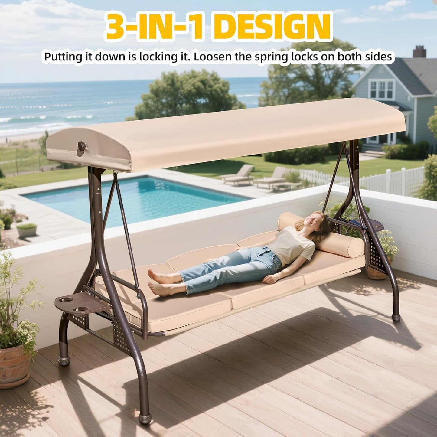 3-seat Patio Swing with Canopy,Convertible Outdoor Swing Bed with Thick Cushions, Pillows & Cup Holders, 3-Seat Outdoor Swings Chair for Backyard, Garden, Deck(Khaki)