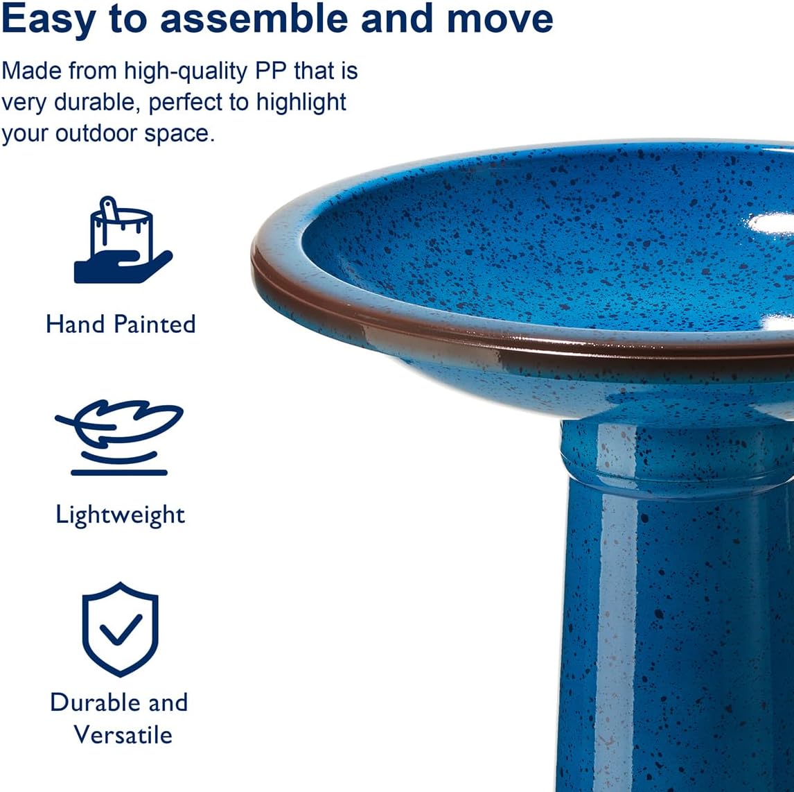 Glitzhome 21.5" H Plastic Cobalt Blue Faux Ceramic Bird Bath for Outside, Hand-Painted Tall Pedestal Style Birdbath for Outdoor Patio Garden Backyard Decking