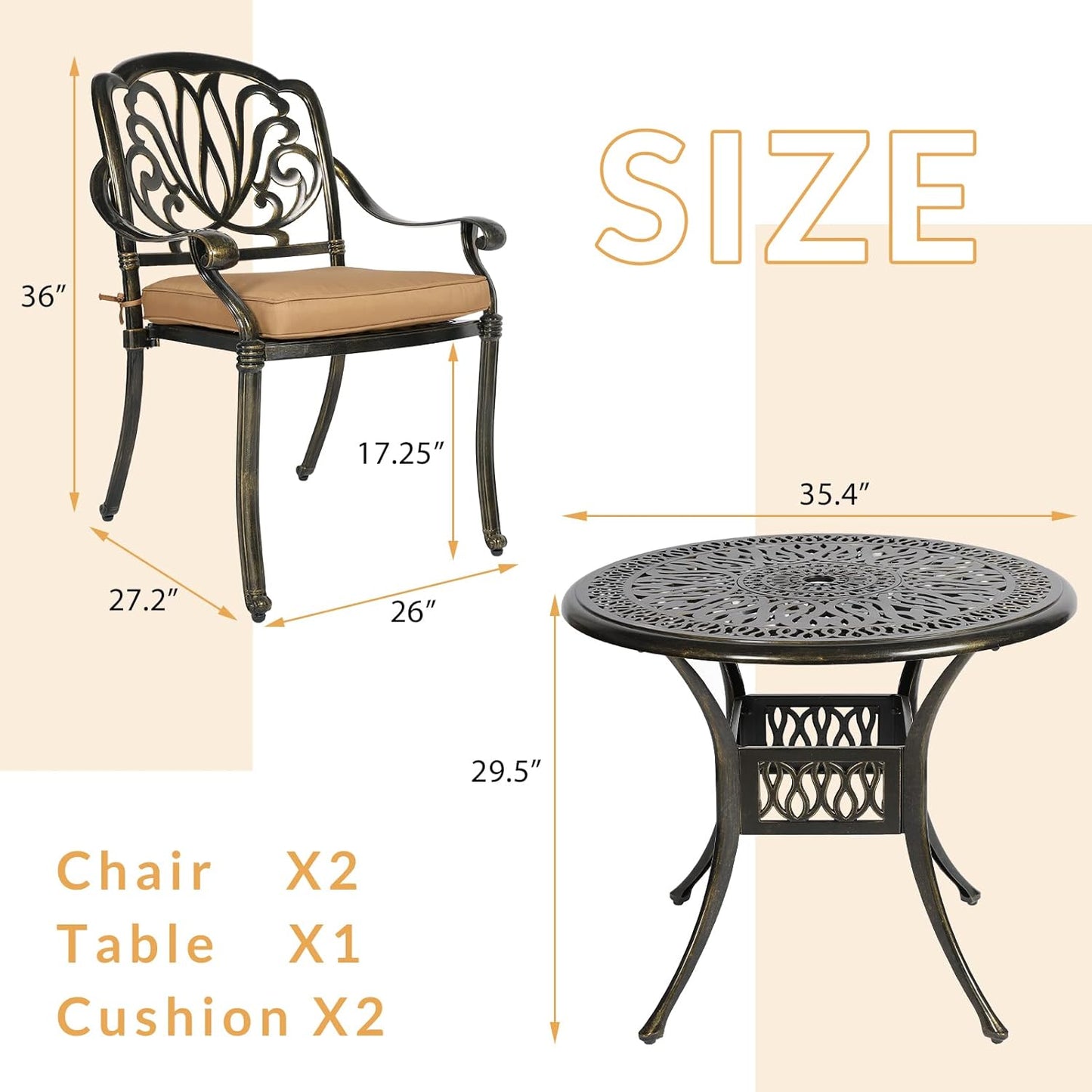 3-Piece Outdoor Patio Dining Set, All-Weather Cast Aluminum Patio Furniture Set for Backyard Garden Deck with 2 Cushioned Chairs and 35.4” Round Table, 2" Umbrella Hole