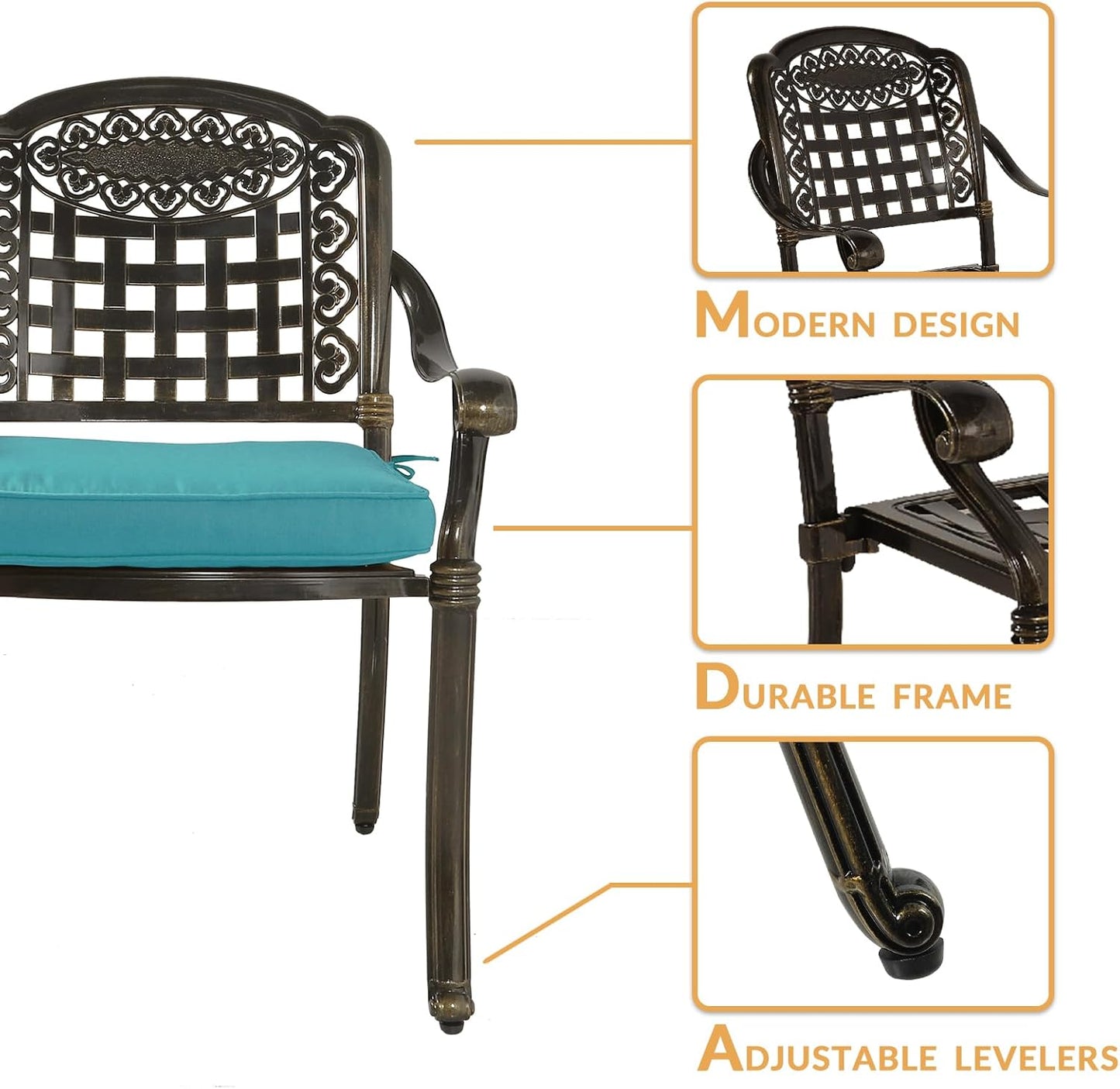 3-Piece Outdoor Patio Dining Set, All-Weather Cast Aluminum Patio Furniture Set for Backyard Garden Deck with 2 Cushioned Chairs and 31” Round Table, 2" Umbrella Hole, Ocean Blue