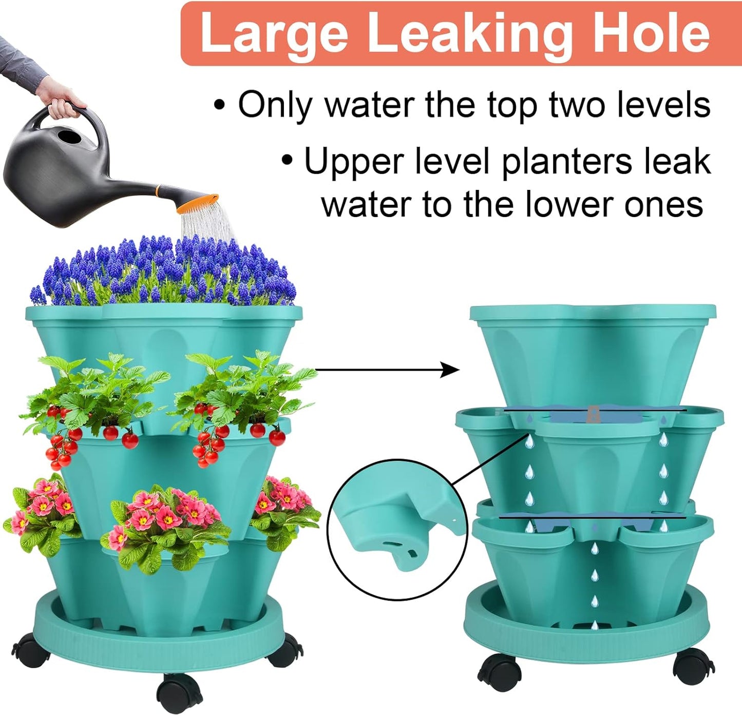 DUNCHATY Stackable Planter, Vertical Garden Planter with Wheels and Tools, Self Watering Strawberry Planter Indoor/Outdoor 3 Tier Herb Planter Pots for Growing Vegetables and Succulents, Teal