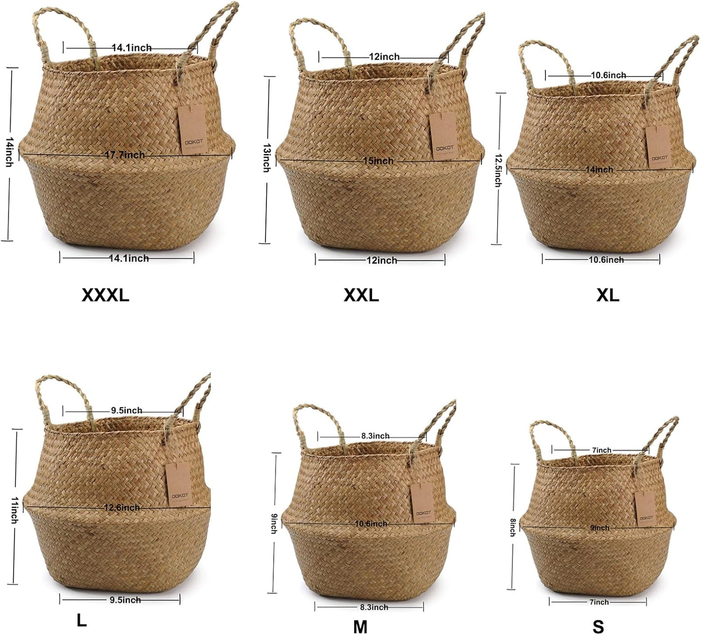 DOKOT Seagrass Plant Basket with Handles, Wicker Woven Storage Basket (8.3inch Diameter x 9inch Height), Natural